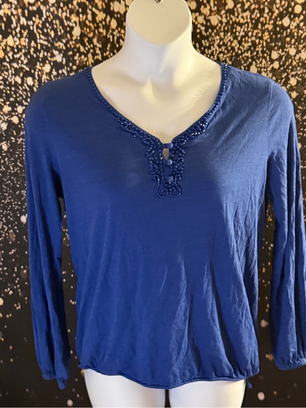 Jones New York Beaded V-Neck Long Sleeve Top in Royal Blue